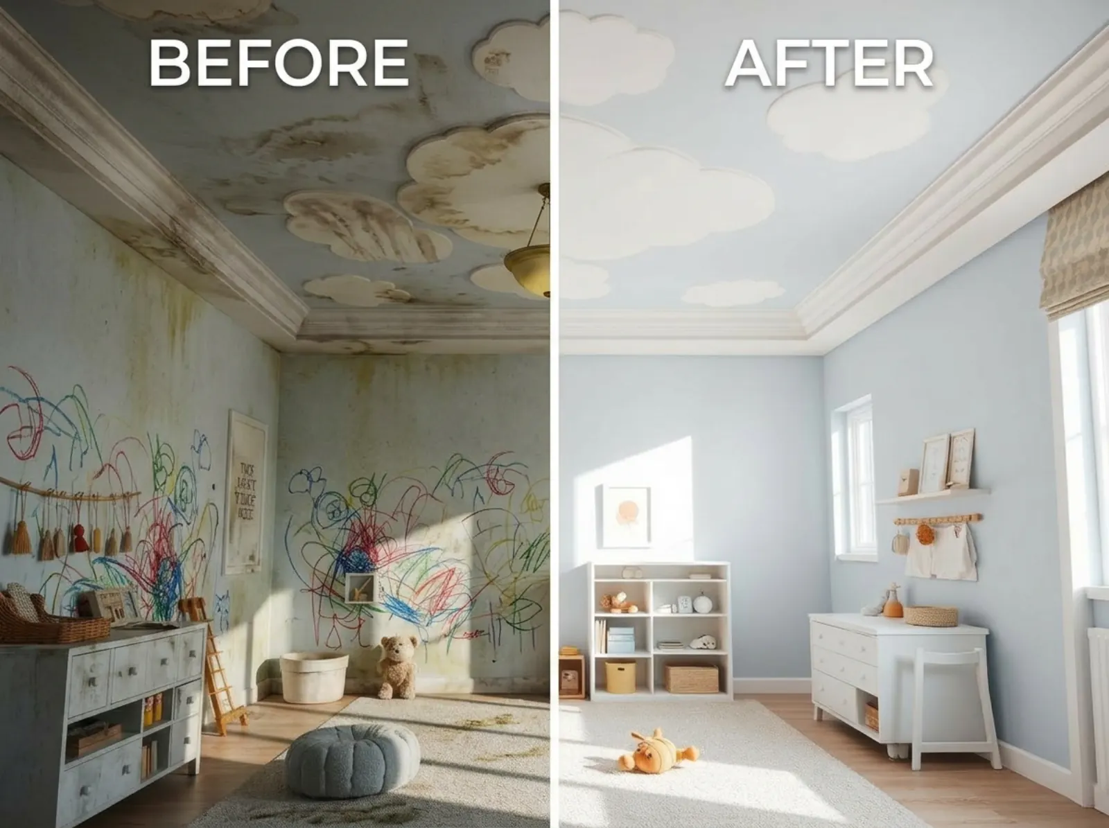 Gyerekszoba mennyezetfestés előtte-utánna Budapest XI. kerület: firkás vízfoltos falak helyett pasztell égkék és felhős mennyezet